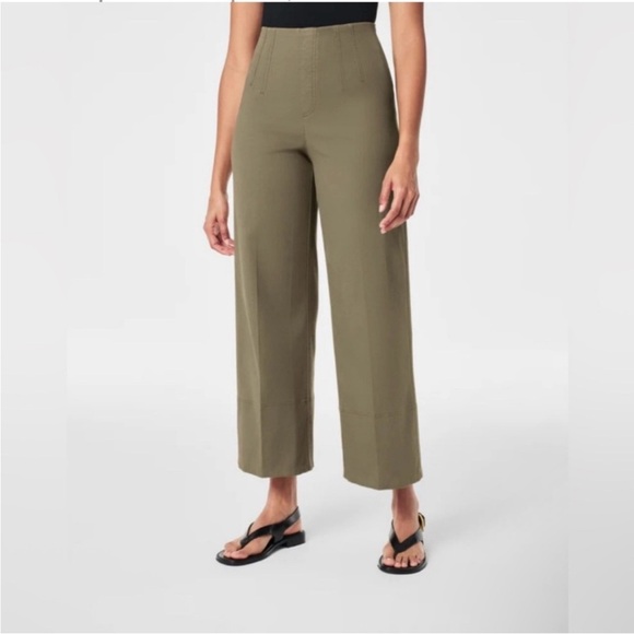 SPANX stretch twill wide leg pant pull on cropped tuscan olive green size L - Picture 1 of 10